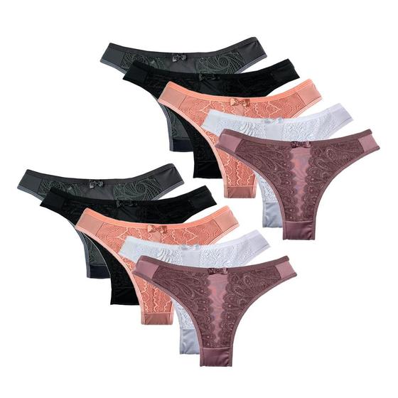 Imagem de Kit 10 Calcinhas Tanga Conforto Lingerie Detalhe Em Renda Atacado