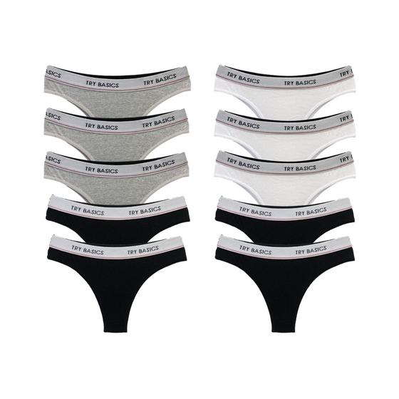 Imagem de Kit 10 Calcinhas Tanga Cotton Algodão Confortável com Elástico Try Basics