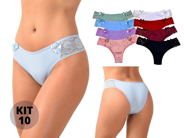Imagem de Kit 10 Calcinhas Tangas Vip Lingerie em Microfibra com Renda
