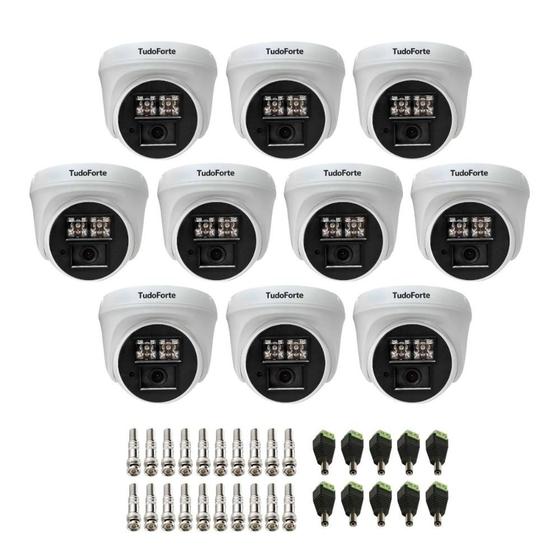 Imagem de Kit 10 Câmeras de Segurança Dome Interna Full HD 1080p com Visão Noturna de 20 metros e Lente 2.8mm Tudo Forte + Conectores