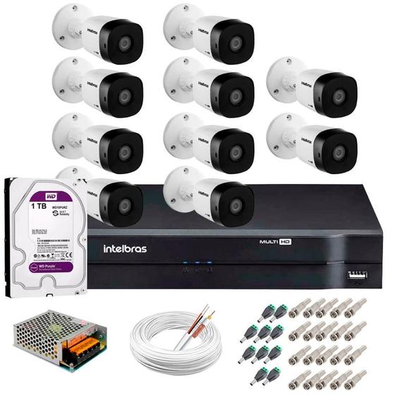 Imagem de Kit 10 Câmeras Intelbras VHD 1130 B HD 720p Bullet Lente 2.8mm Visão Noturna 30m Resistente à Chuva IP67 + DVR Intelbras MHDX 1216 Full HD 16 Canais