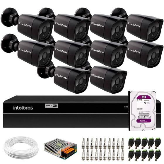 Imagem de Kit 10 Câmeras Segurança Black Full HD 1080p Infra 20M DVR Intelbras MHDX 1216 16 Canais 2TB Purple