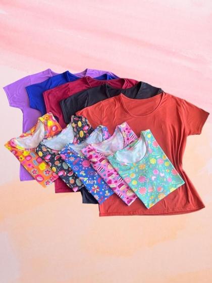 Imagem de Kit 10 camiseta tshirt feminina estampadas e lisas variadas baby look