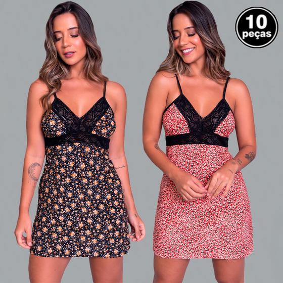 Imagem de Kit 10 Camisolas Liganete Estampada Detalhe Renda Feminina