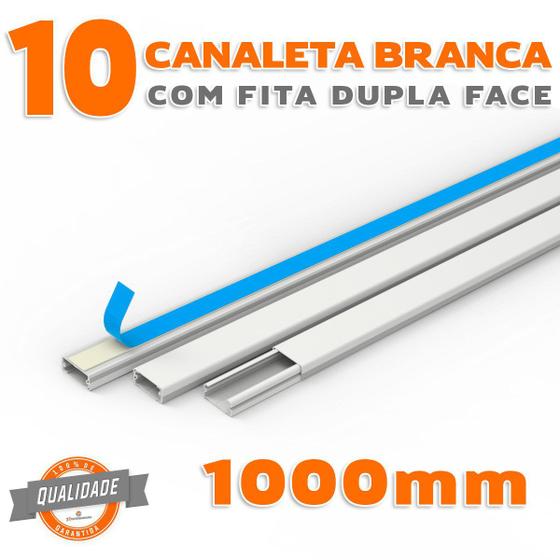 Imagem de Kit 10 Canaletas PVC Branco com Fita Dupla Face de 1 Metro