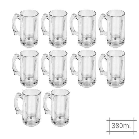 Imagem de Kit 10 Canecas 380ml Cerveja Chopp Vidro Resistente 0 Grau