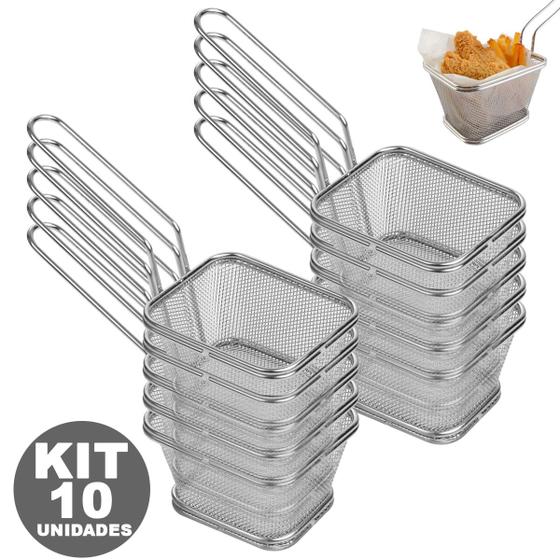 Imagem de Kit 10 Cesto Multiuso Para Cozinha Servir Porções Batata Frita Nuggets Aço Inox Reforçado