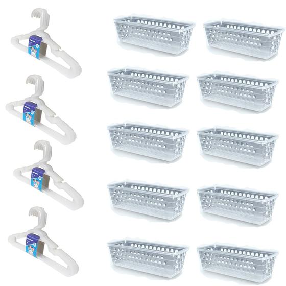 Imagem de Kit 10 Cestos retangular + 20 Cabides Transparente Infantil
