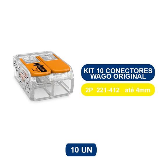 Imagem de Kit 10 Conectores Terminal Wago Original - 2 Pólos 221-412 Para Cabos e Fios - Até 4mm