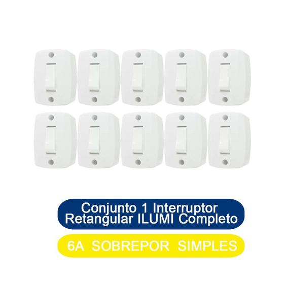 Imagem de Kit 10 Conjunto 1 Interruptor Retangular Simples 6A Sobrepor ILUMI Completo