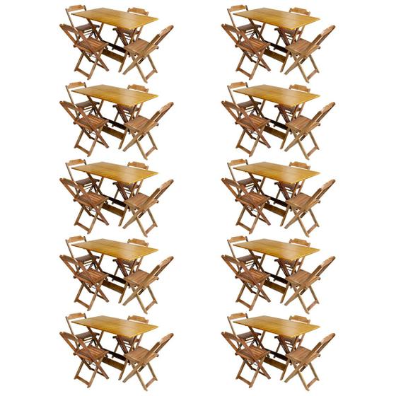 Imagem de Kit 10 Conjuntos de Mesa com 4 Cadeiras de Madeira Dobravel 120x70 Mel