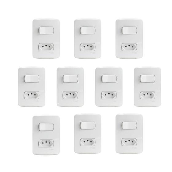 Imagem de Kit 10 Conjuntos Montados 1 Interruptor Simples E 1 Tomada 2P+T 10A Pb S3B69030 Branco Miluz Schneider