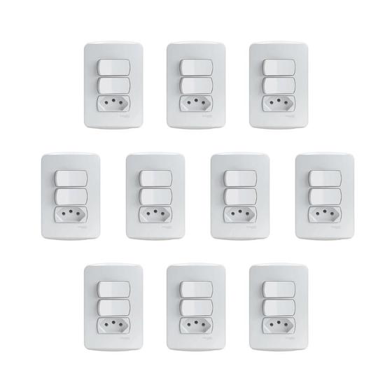 Imagem de Kit 10 Conjuntos Montados 2 Interruptores Simples E 1 Tomada 2P+T 10A Pb S3B69050 Branco Miluz Schneider