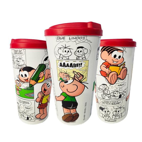 Imagem de Kit 10 Copo Bucks Turma da Mônica Com Tampa 500ml Quadrinhos