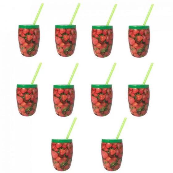 Imagem de Kit 10 Copos Fruta Morango com Canudo 650 Ml  Injetemp 