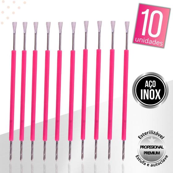 Imagem de Kit 10 Espátula Cutícula Manicure Mista Cutelaria Rosa Silicone Empurrador Palito Unha Aço Inox