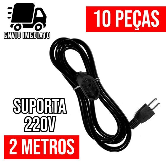 Imagem de Kit 10 Extensão Elétrica Prolongador Preto Extensor de Cabo 2 Metros Bivolt 110v e 220v