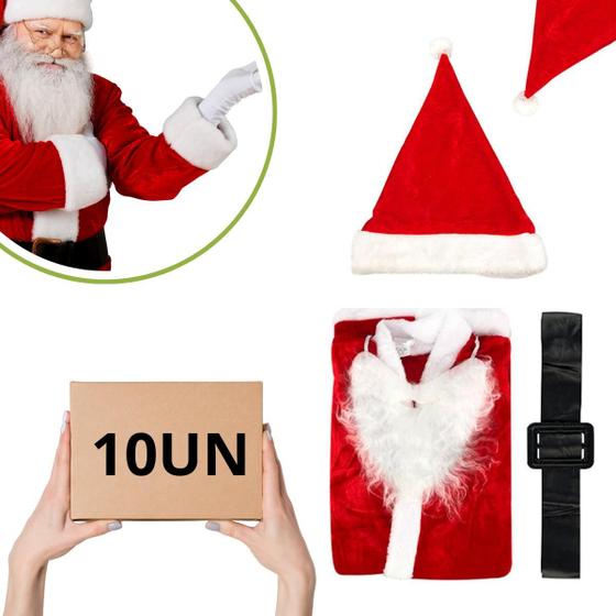 Imagem de Kit 10 Fantasias de Papai Noel em Veludo Tamanho Único - Blusão, Calça, Gorro, Cinto e Barba