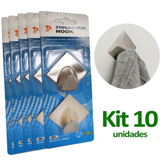 Imagem de Kit 10 Ganchos De Parede Inox Cabide Cozinha Suporte Adesivo