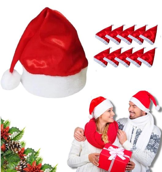 Imagem de Kit 10 Gorros Papai Noel Cetim - Vermelho/Branco - 38cm