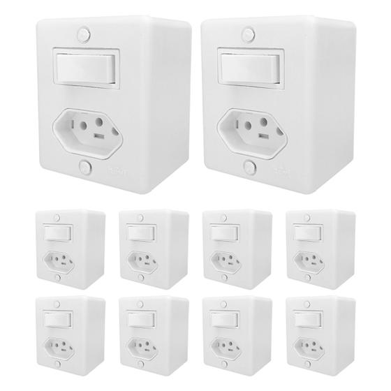 Imagem de Kit 10 interruptor 1 tecla simples 6A Com Tomada 10A 2 Pino + Terra 250V Ilumi