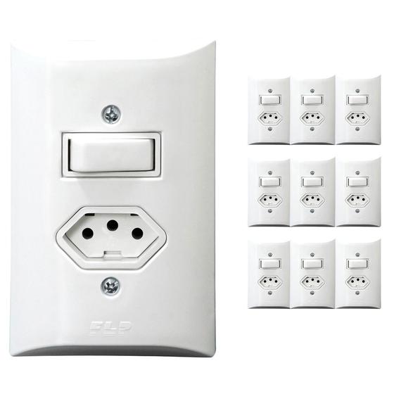 Imagem de Kit 10 Interruptor Simples 1 Tecla + Tomada 20A 2p+t Branco Com Espelho Bivolt 127v e 250v