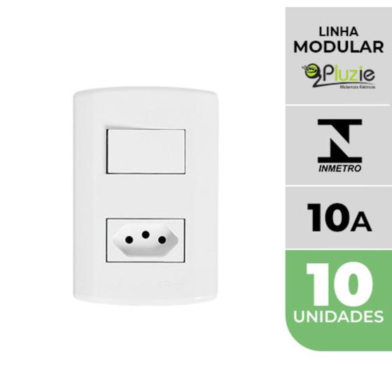 Imagem de Kit 10 Interruptores 1 Tecla Simples + Tomada 10A Pluzi Modular Pluzie 4x2 branca