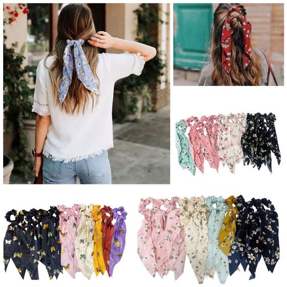 Imagem de Kit 10 Laços Longo De Cabelo Estampado Rabicó Cetim Lenço Scrunchie