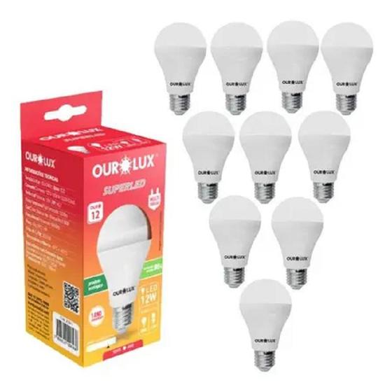 Imagem de Kit 10 Lâmpada Led Bulbo 12 Watts Bivolt 6500K Branco Frio - OUROLUX