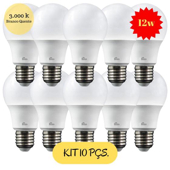 Imagem de Kit 10 Lâmpadas Led Bulbo 12w Bivolt Branco Quente E27 3000k