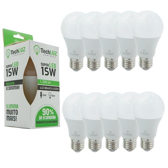 Imagem de Kit 10 Lâmpadas Led Bulbo 15w E27 Branco Frio Inmetro Techluz