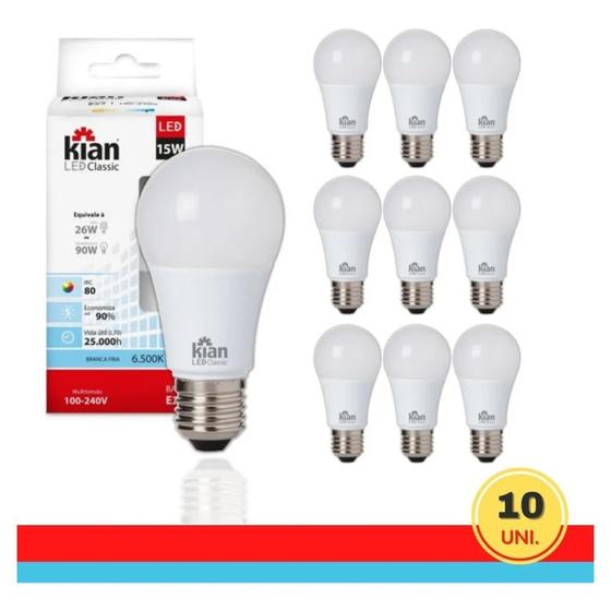 Imagem de Kit 10 Lâmpadas Led Bulbo E27 15w 6,5k Biv Kian 