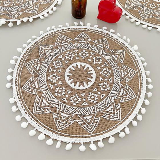 Imagem de Kit 10 Lugar Jogo Americano Renda Juta Boho Chic Supla de Mesa Posta Modelo D Branco