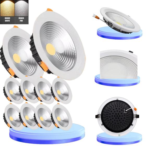 Imagem de Kit 10 Luminária DownLight Led Cob 50W  Embutir Redondo Bivolt 110v-220v Frio 6500k ou Quente 3500k