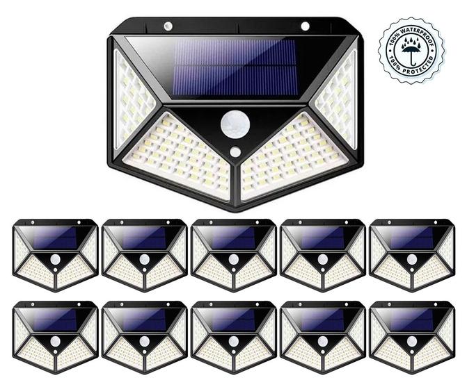 Imagem de Kit 10 Luminária Solar Parede 100 Led Com Sensor de Presença Jardim Prova d'água Com 3 Funções Preta