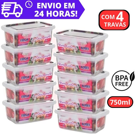 Imagem de Kit 10 Marmitas Fitness 750ml Freezer E Microondas Potes Plásticos C/ Trava Grande REFORÇADO