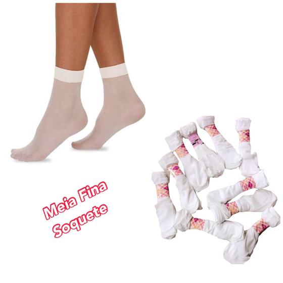 Imagem de Kit 10 Pares Meia Fina Soquete Fio 20 Clássica Elegante Branca