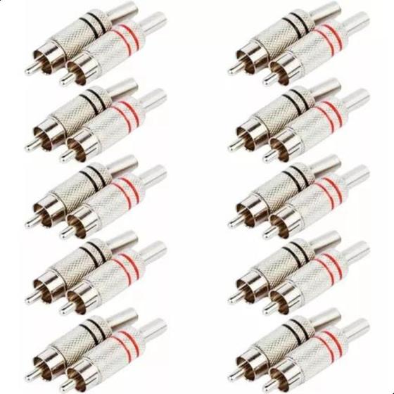 Imagem de Kit 10 Pares Plug Conector Rca Macho Blindado Metal 20 Peças