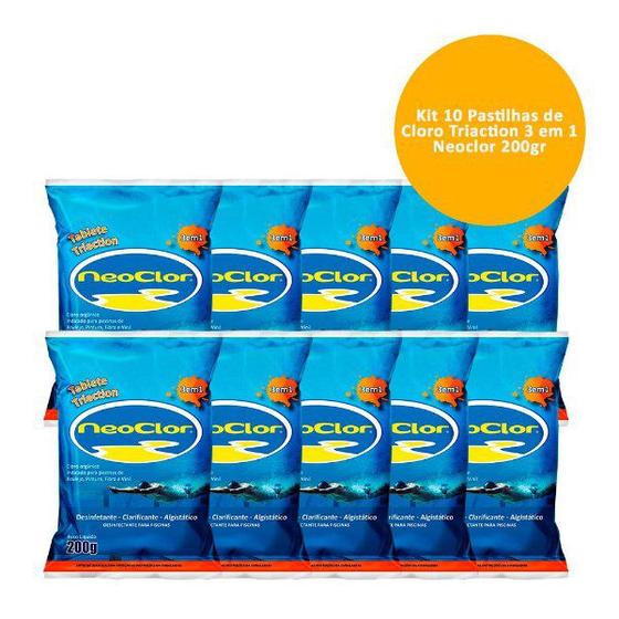 Kit 10 Pastilhas De Cloro Triaction 3 Em 1 Neoclor 200gr Menor preço em Kit 10 Pastilhas De Cloro Triaction 3 Em 1 Neoclor 200gr