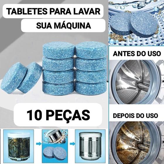 Imagem de Kit 10 Pastilhas Para Limpeza Desinfeta Máquina de Lavar Roupas Elimina Mau Cheiro