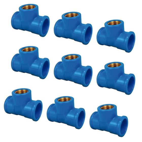 Imagem de Kit 10 Pçs Te Azul Redução Base Latão 25x25mm X 1/2