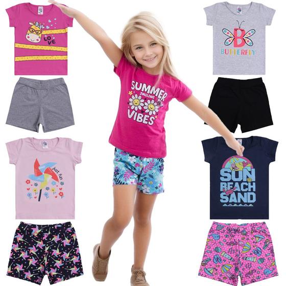 Imagem de Kit 10 Peças Feminino Infantil Menina Com 5 Camisetas e 5 Shorts Cotton Algodão com Elastano