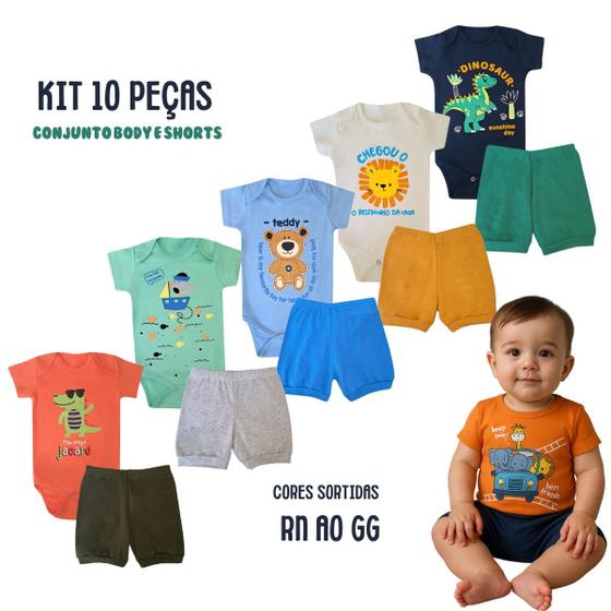 Imagem de Kit 10 peças Roupa Bebê Body Shorts punhos Menino e Menina Algodão c/ Elastano Enxoval Atacado Recém Nascido, P M G e GG