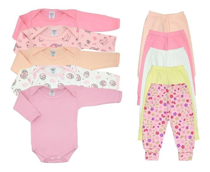 Kit 10 Peças Roupa De Bebê Body Manga Longa Mijão Menina Menor preço em Kit 10 Peças Roupa De Bebê Body Manga Longa Mijão Menina