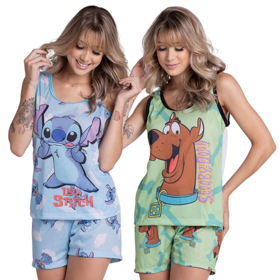 Imagem de Kit 10 Pijamas Feminino Curto Vekyo Modas Baby Doll Regata e Short Estampa Desenho Animado 