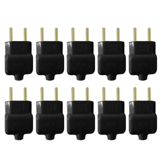 Imagem de Kit 10 Plug Tomada Pino Macho Prensa Cabo 2P Preto 20A 250V