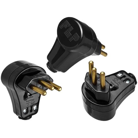Kit 10 Plugue Pino Macho Prensa Cabo 90º 2p+t 10A 250v Nbr Preto Menor preço em Kit 10 Plugue Pino Macho Prensa Cabo 90º 2p+t 10A 250v Nbr Preto