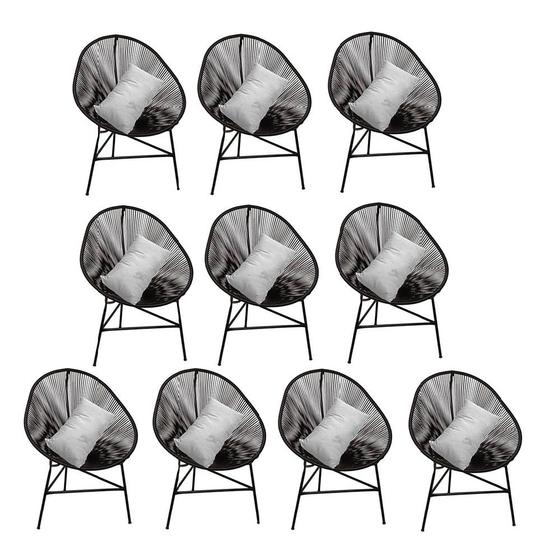 Imagem de Kit 10 Poltrona Cadeira Acapulco Sala Jardim Varanda Preto Com Almofada Quadrada Tecido Sintético Branco - Ahz Móveis