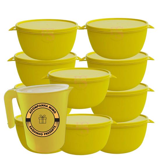 Imagem de Kit 10 Potes De Plástico Com Tampa + Jarra Multiuso Armazenar Alimentos Amarelo