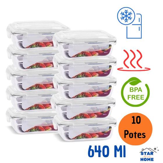 Kit 10 Potes de Vidro 640 ml Hermético Marmita Fit com Tampa 4 Travas Menor preço em Kit 10 Potes de Vidro 640 ml Hermético Marmita Fit com Tampa 4 Travas